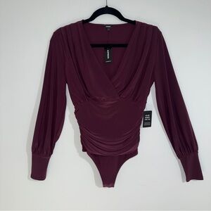 Express Long Sleeve Draped Surplice Bodysuit‎ Burgundy Wine Size XS NWT